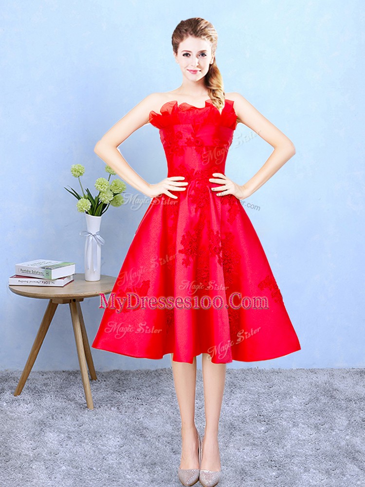 Chic Strapless Sleeveless Satin Wedding Party Dress Appliques and Ruffles Lace Up