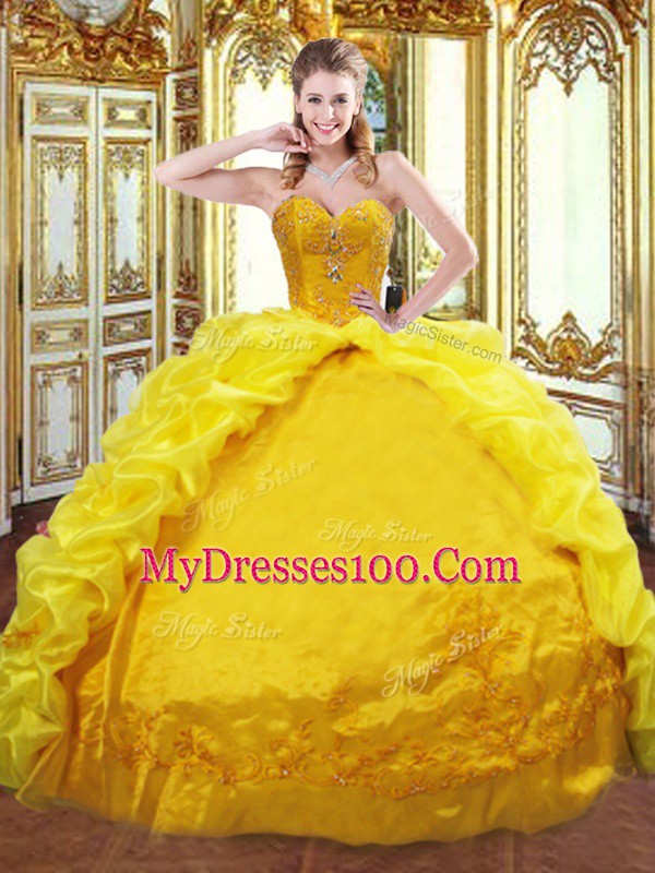 Best Ball Gowns Sleeveless Gold Vestidos de Quinceanera Brush Train Lace Up
