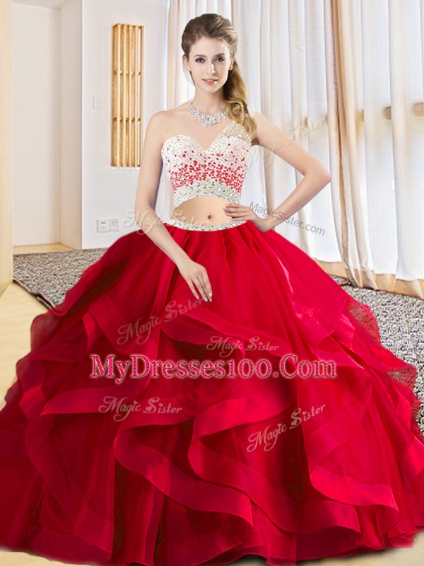 Best Selling Red One Shoulder Neckline Beading and Ruffles Quinceanera Dress Sleeveless Criss Cross