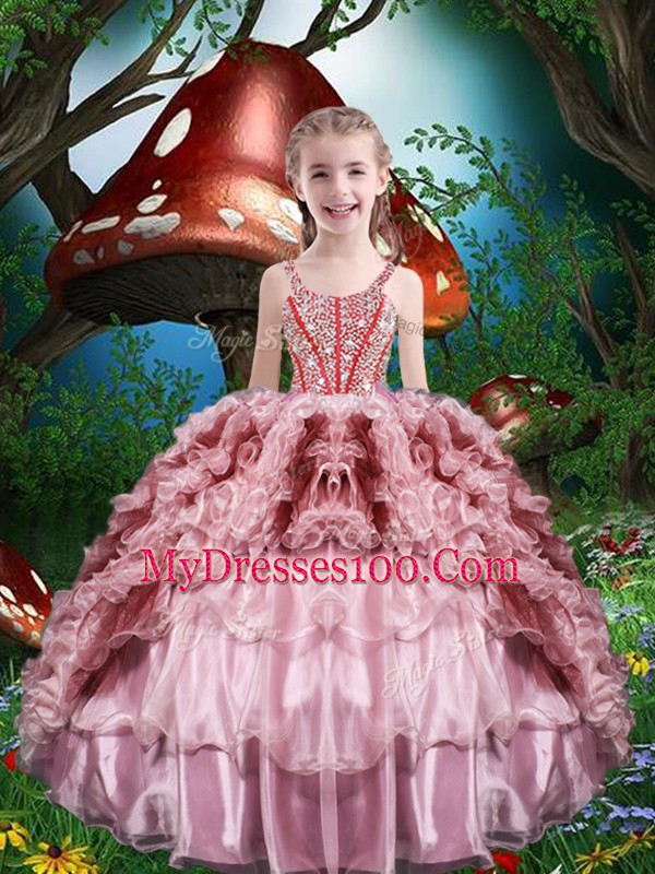 Luxurious Straps Sleeveless Kids Pageant Dress Floor Length Beading and Ruffles and Ruffled Layers Baby Pink Organza