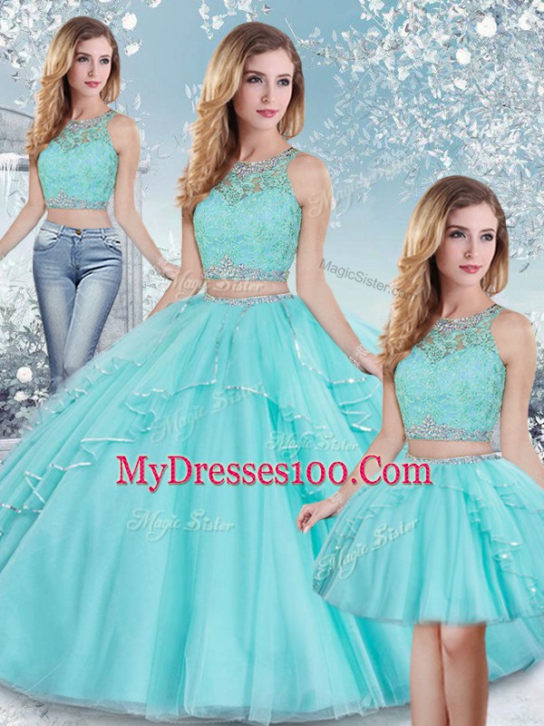 Hot Sale Scoop Sleeveless Vestidos de Quinceanera Floor Length Beading and Lace and Sequins Aqua Blue Tulle