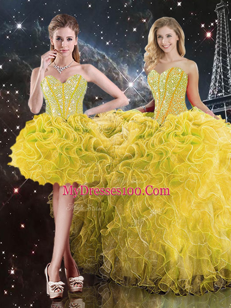 Yellow Ball Gowns Sweetheart Sleeveless Organza Floor Length Lace Up Beading and Ruffles Quinceanera Gown