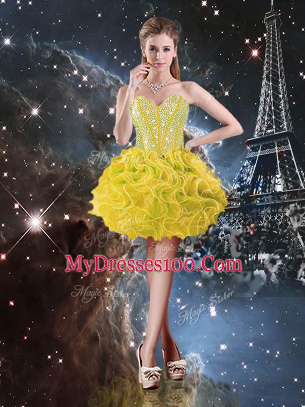 Yellow Ball Gowns Sweetheart Sleeveless Organza Floor Length Lace Up Beading and Ruffles Quinceanera Gown