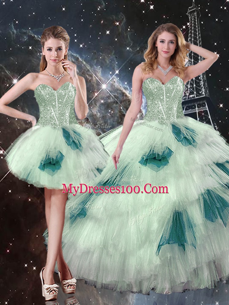 Tulle Sleeveless Floor Length Sweet 16 Dress and Beading and Ruffled Layers and Sequins