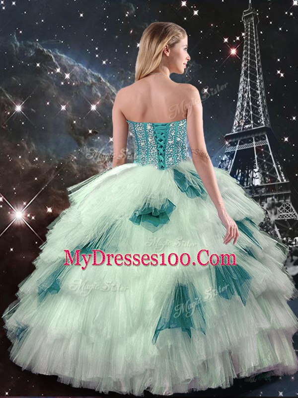 Tulle Sleeveless Floor Length Sweet 16 Dress and Beading and Ruffled Layers and Sequins