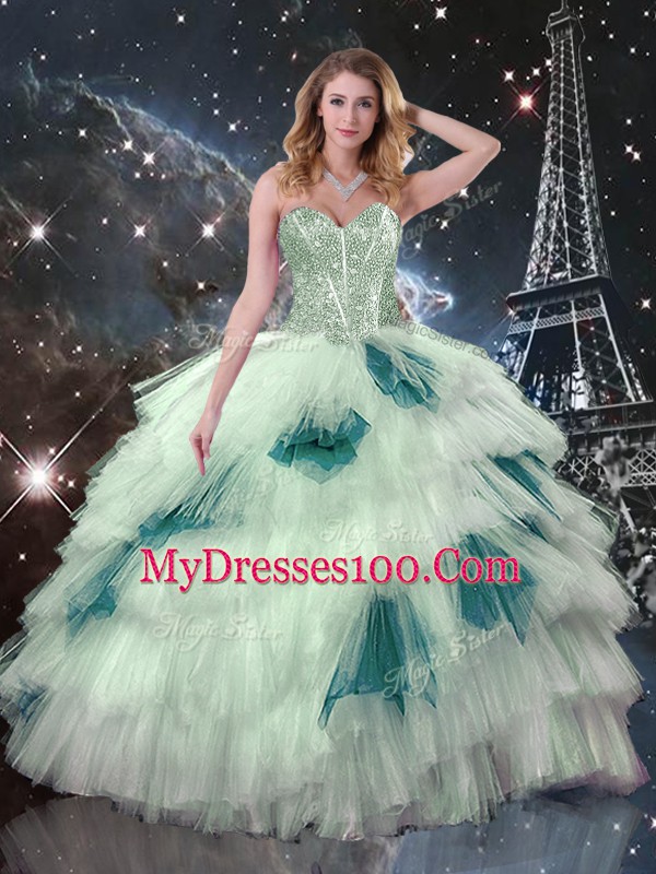 Tulle Sleeveless Floor Length Sweet 16 Dress and Beading and Ruffled Layers and Sequins