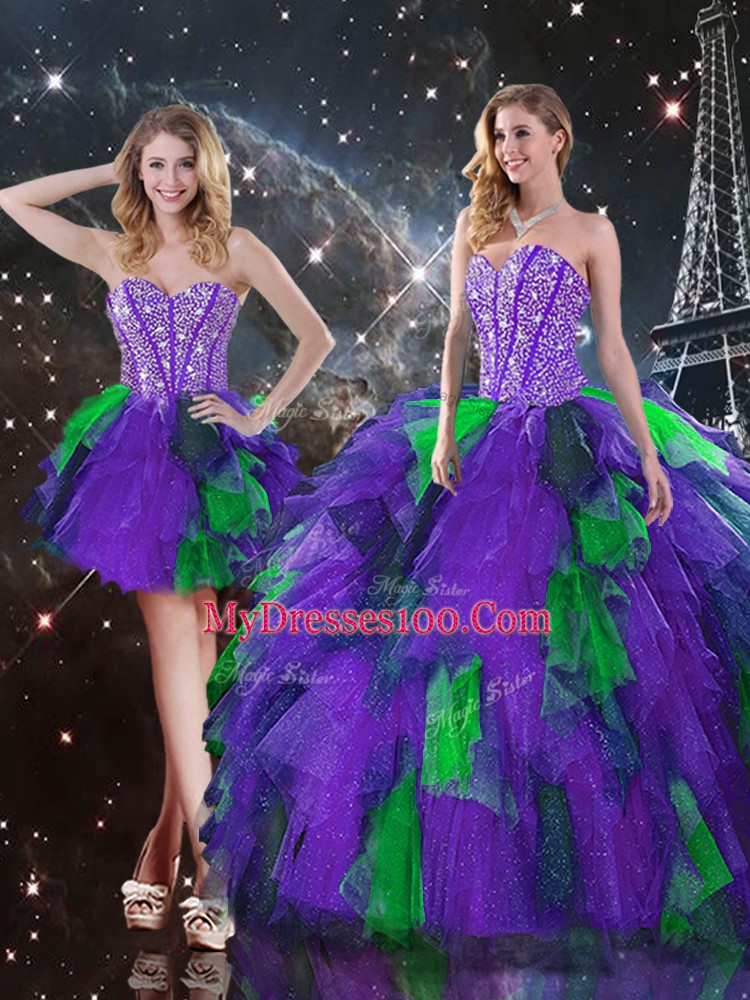 Multi-color Tulle Lace Up Quinceanera Gowns Sleeveless Floor Length Beading and Ruffles