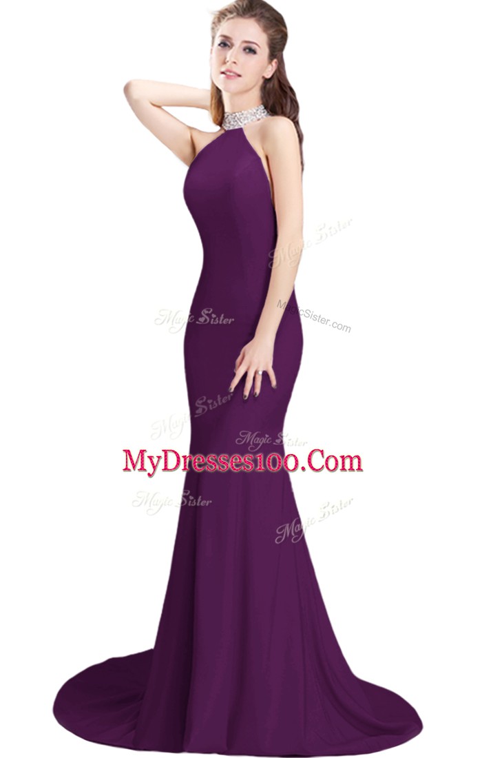 Exceptional Purple Halter Top Neckline Beading Sleeveless Side Zipper