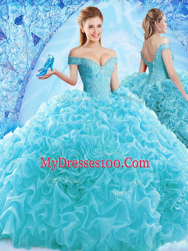 Brush Train Ball Gowns Quinceanera Dresses Aqua Blue Off The Shoulder Organza Cap Sleeves Lace Up