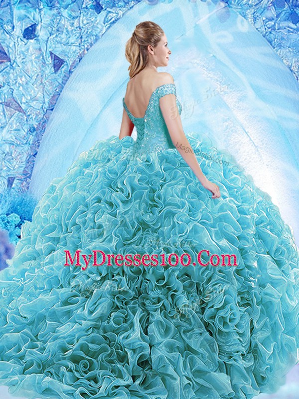 Brush Train Ball Gowns Quinceanera Dresses Aqua Blue Off The Shoulder Organza Cap Sleeves Lace Up