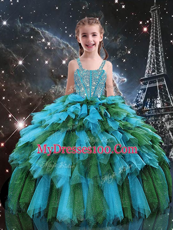 Pretty Teal Ball Gowns Tulle Straps Sleeveless Beading and Ruffles Floor Length Lace Up Little Girls Pageant Dress Wholesale
