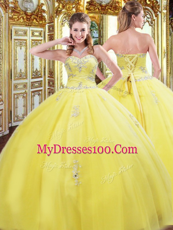 Sleeveless Floor Length Beading and Appliques Lace Up Quinceanera Dresses with Gold
