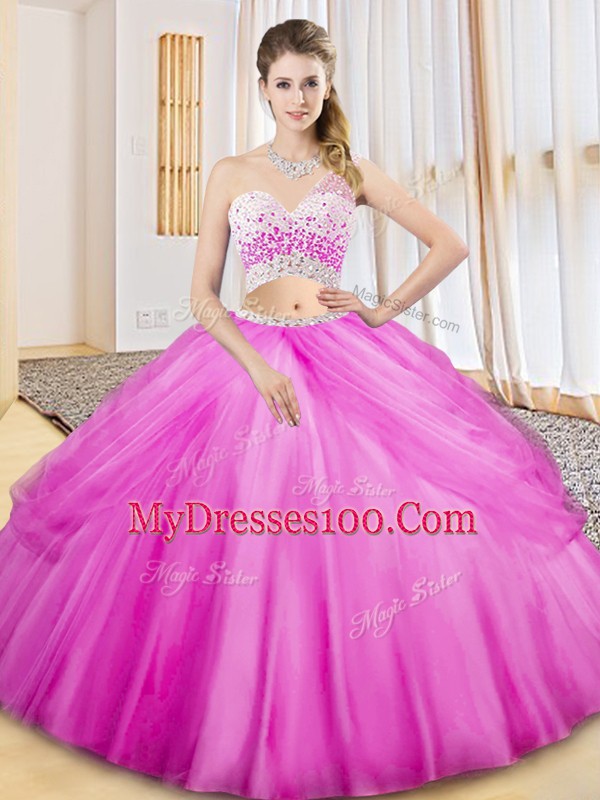 Two Pieces Quinceanera Gowns Lilac One Shoulder Tulle Sleeveless Floor Length Criss Cross