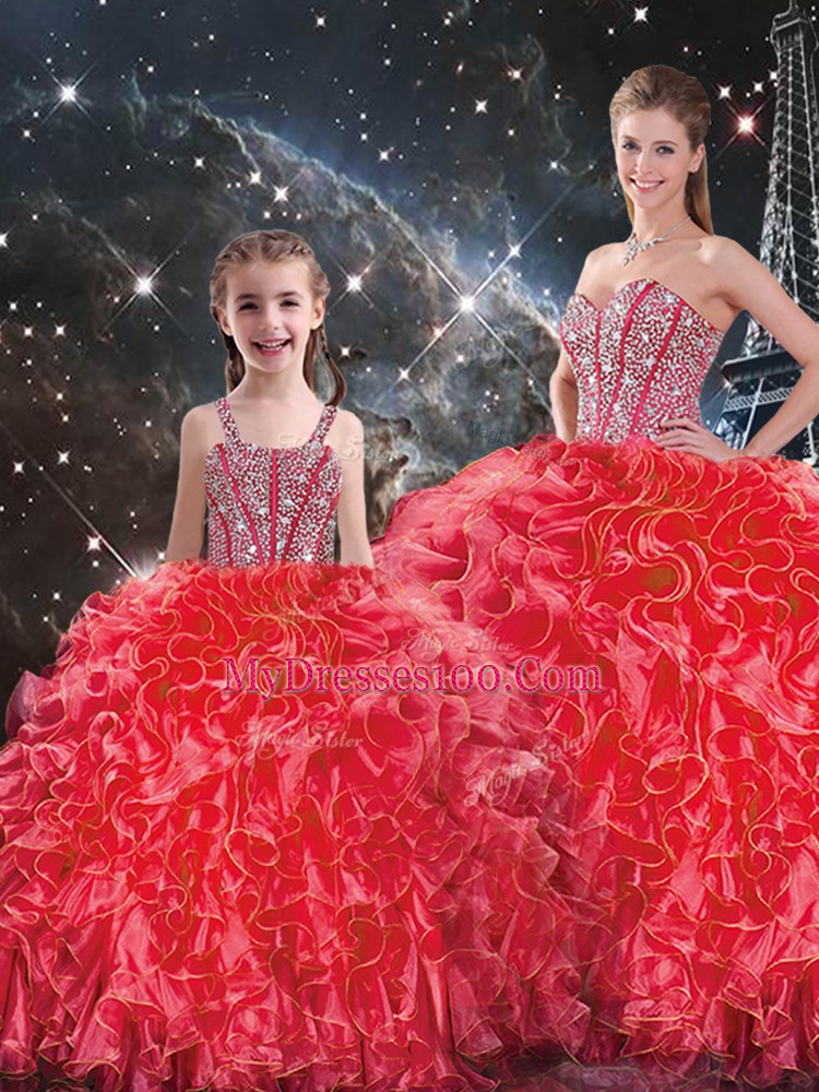 Coral Red Lace Up Sweetheart Beading and Ruffles 15 Quinceanera Dress Organza Sleeveless