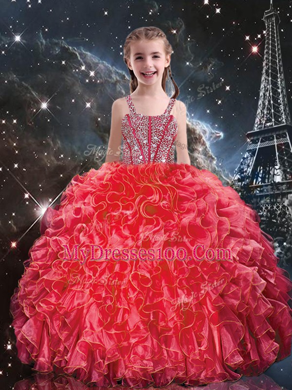 Coral Red Lace Up Sweetheart Beading and Ruffles 15 Quinceanera Dress Organza Sleeveless