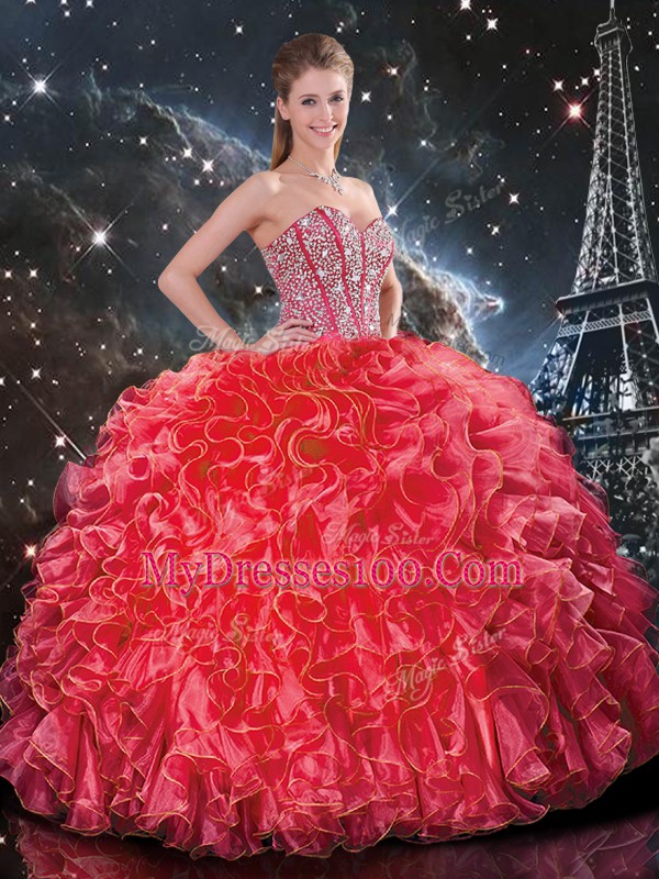 Coral Red Lace Up Sweetheart Beading and Ruffles 15 Quinceanera Dress Organza Sleeveless