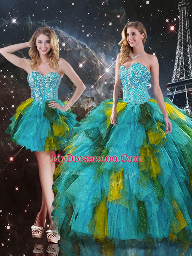 Enchanting Sweetheart Sleeveless Sweet 16 Dress Floor Length Beading and Ruffles Multi-color Tulle