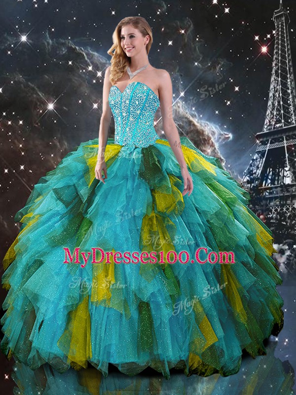 Enchanting Sweetheart Sleeveless Sweet 16 Dress Floor Length Beading and Ruffles Multi-color Tulle