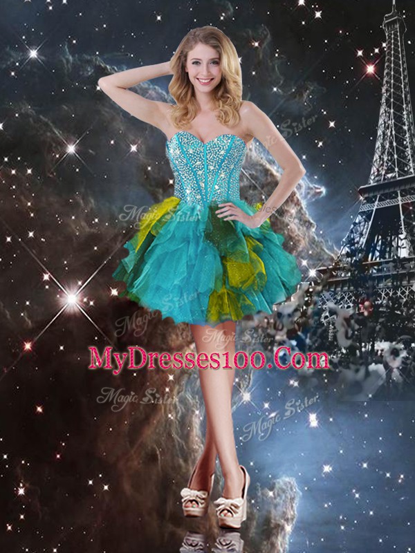 Enchanting Sweetheart Sleeveless Sweet 16 Dress Floor Length Beading and Ruffles Multi-color Tulle