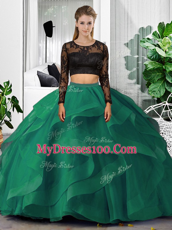 Dark Green Backless Quinceanera Gowns Lace and Ruffles Long Sleeves Floor Length