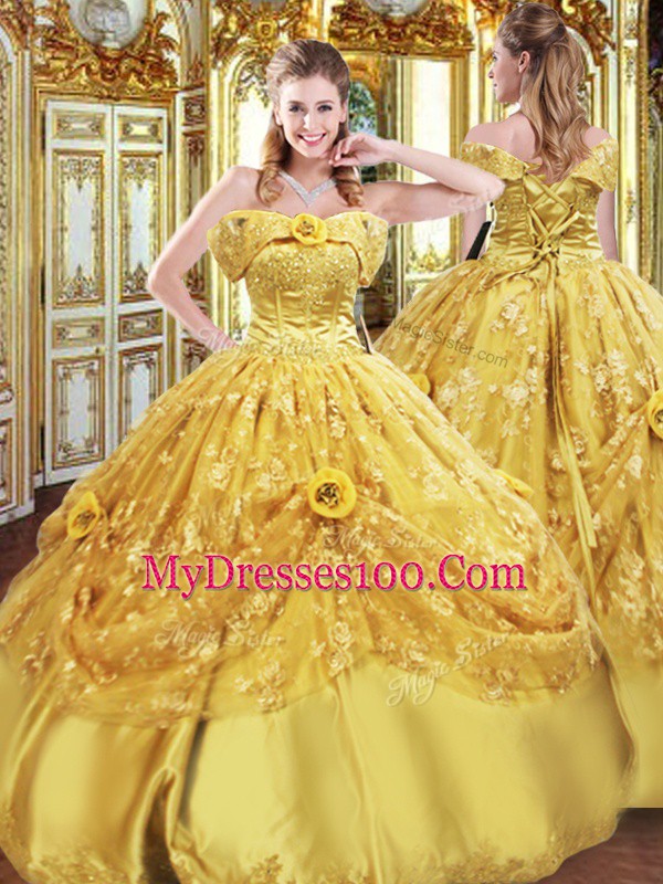 Gold Lace Up Strapless Beading and Appliques and Hand Made Flower Quinceanera Dresses Tulle Sleeveless