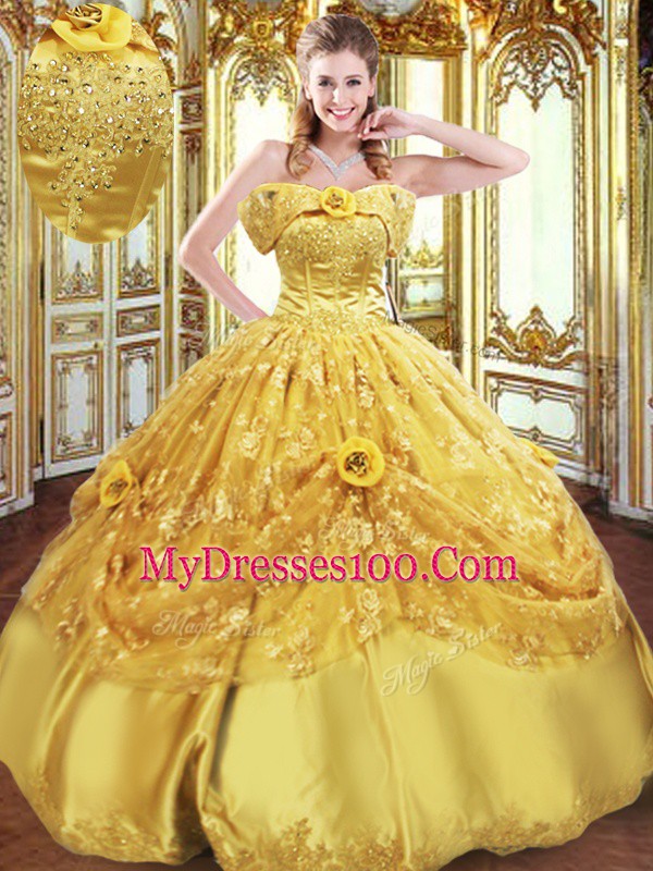 Gold Lace Up Strapless Beading and Appliques and Hand Made Flower Quinceanera Dresses Tulle Sleeveless