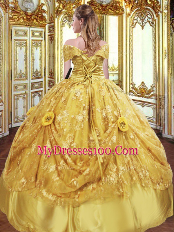 Gold Lace Up Strapless Beading and Appliques and Hand Made Flower Quinceanera Dresses Tulle Sleeveless