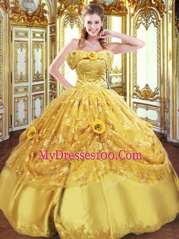 Gold Lace Up Strapless Beading and Appliques and Hand Made Flower Quinceanera Dresses Tulle Sleeveless