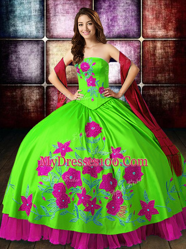 Admirable Multi-color Ball Gowns Strapless Sleeveless Satin Floor Length Lace Up Embroidery Quince Ball Gowns