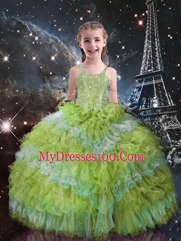 Yellow Green Straps Neckline Beading and Ruffled Layers Little Girl Pageant Dress Sleeveless Lace Up