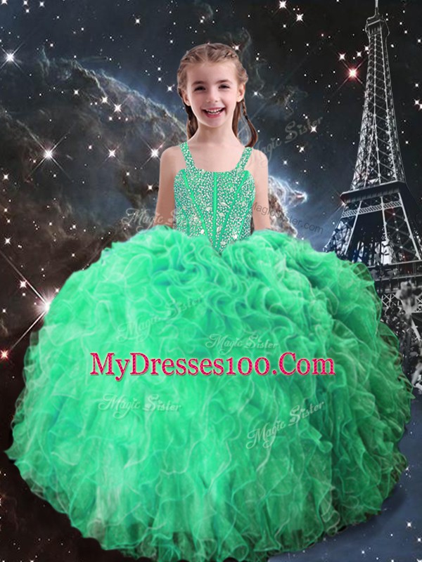 Floor Length Lace Up Child Pageant Dress Apple Green for Quinceanera and Wedding Party with Beading and Ruffles