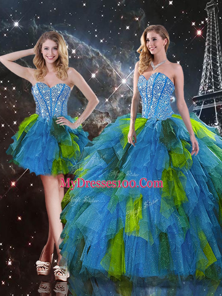 Stunning Sleeveless Lace Up Floor Length Beading and Ruffles Quinceanera Dress