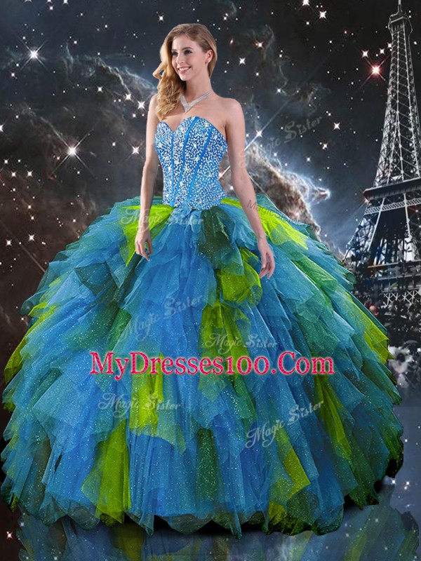 Stunning Sleeveless Lace Up Floor Length Beading and Ruffles Quinceanera Dress