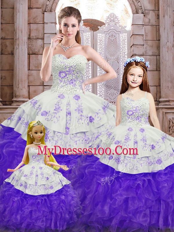 Sexy White And Purple Lace Up Quinceanera Gown Beading and Appliques and Ruffles Sleeveless Floor Length