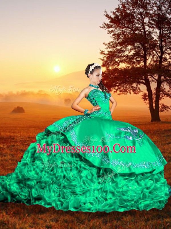 Excellent Organza Sleeveless 15 Quinceanera Dress Brush Train and Embroidery and Ruffles