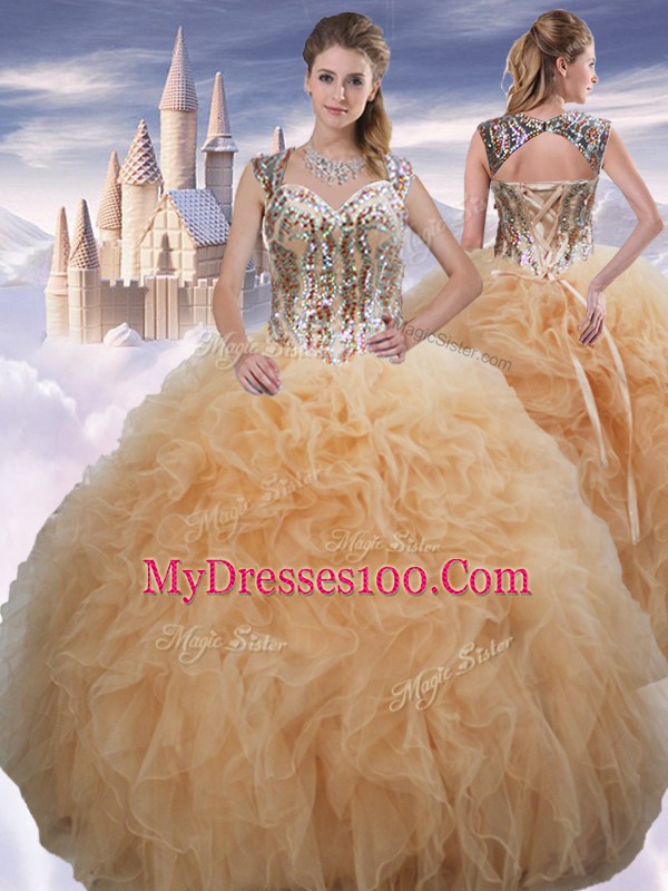 Modest Champagne Lace Up Sweetheart Beading and Ruffles 15th Birthday Dress Organza Sleeveless