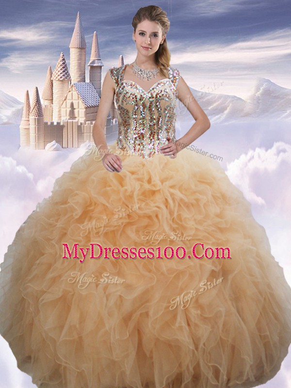 Modest Champagne Lace Up Sweetheart Beading and Ruffles 15th Birthday Dress Organza Sleeveless