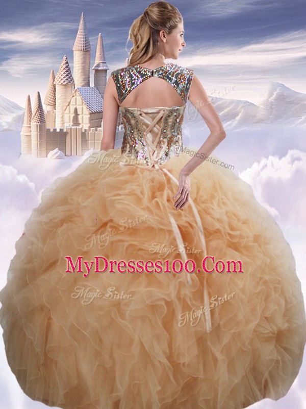 Modest Champagne Lace Up Sweetheart Beading and Ruffles 15th Birthday Dress Organza Sleeveless