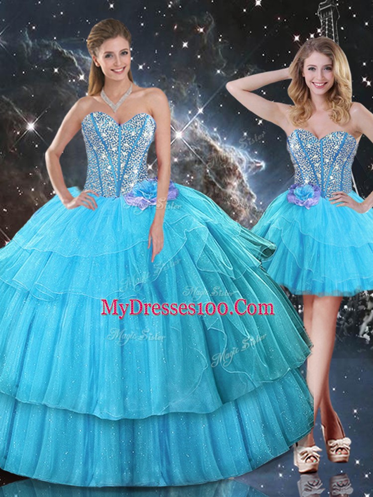 Aqua Blue Sleeveless Organza Lace Up 15th Birthday Dress for Military Ball and Sweet 16 and Quinceanera