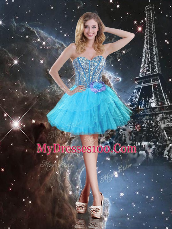 Aqua Blue Sleeveless Organza Lace Up 15th Birthday Dress for Military Ball and Sweet 16 and Quinceanera