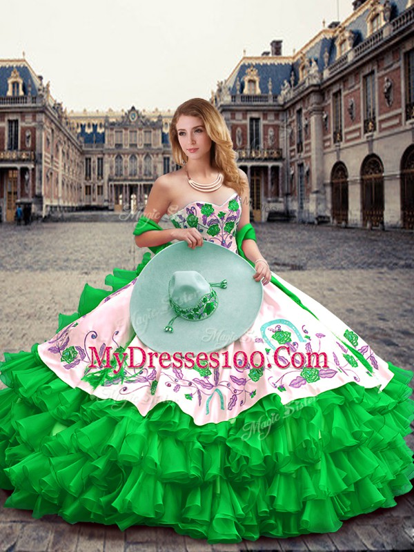Floor Length Green Quince Ball Gowns Organza and Taffeta Sleeveless Embroidery and Ruffled Layers