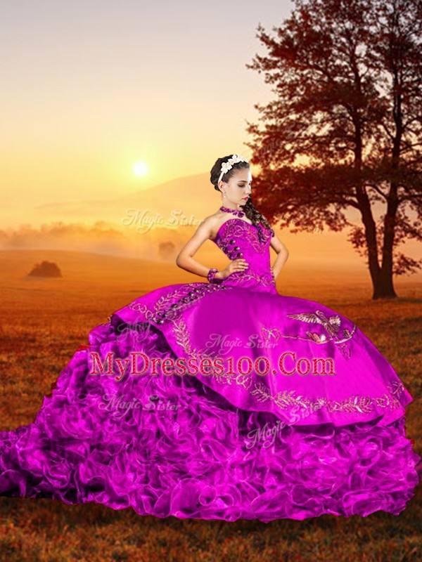 Sleeveless Brush Train Lace Up Embroidery and Ruffles Vestidos de Quinceanera