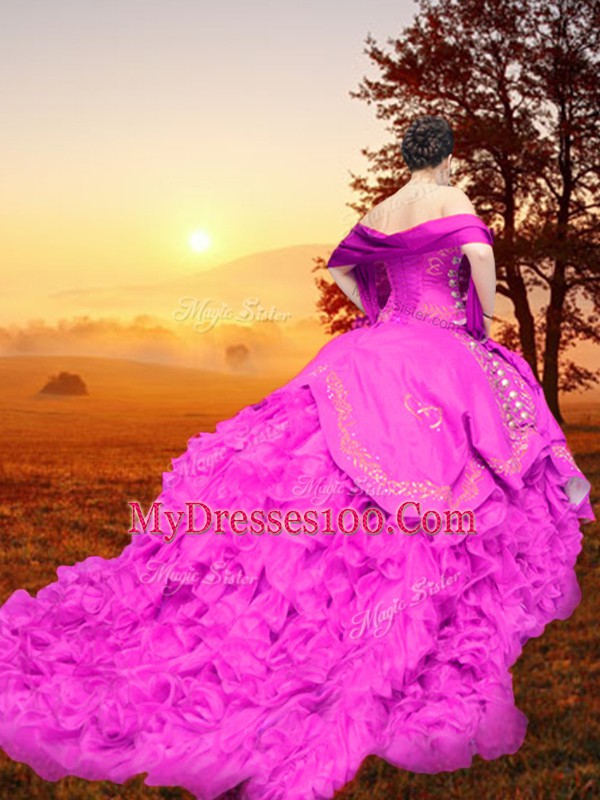 Sleeveless Brush Train Lace Up Embroidery and Ruffles Vestidos de Quinceanera