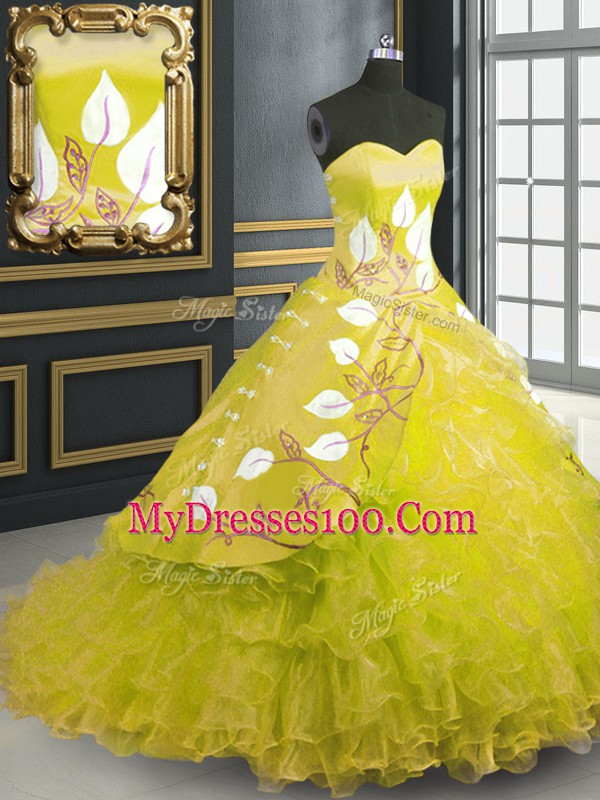 Classical Sweetheart Sleeveless Organza Sweet 16 Dresses Embroidery and Ruffles Brush Train Lace Up