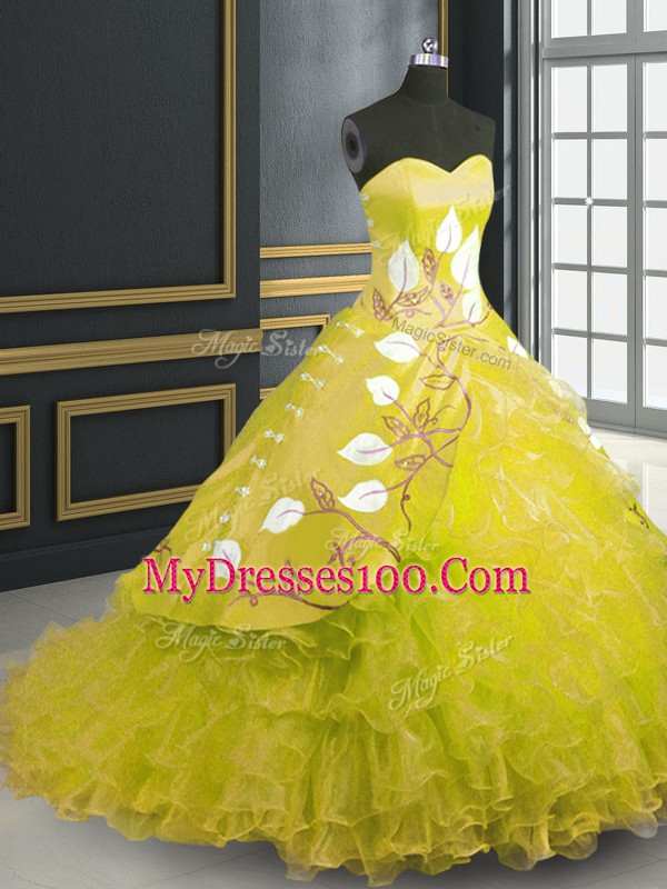 Classical Sweetheart Sleeveless Organza Sweet 16 Dresses Embroidery and Ruffles Brush Train Lace Up