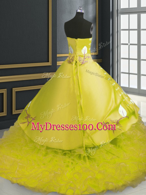Classical Sweetheart Sleeveless Organza Sweet 16 Dresses Embroidery and Ruffles Brush Train Lace Up
