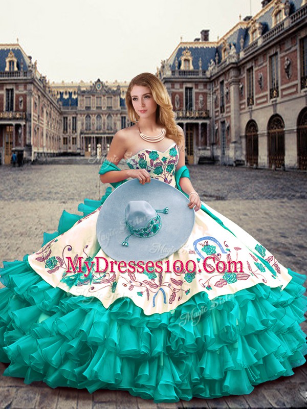 Fantastic Turquoise Organza and Taffeta Lace Up Sweetheart Sleeveless Floor Length Quince Ball Gowns Embroidery and Ruffled Layers