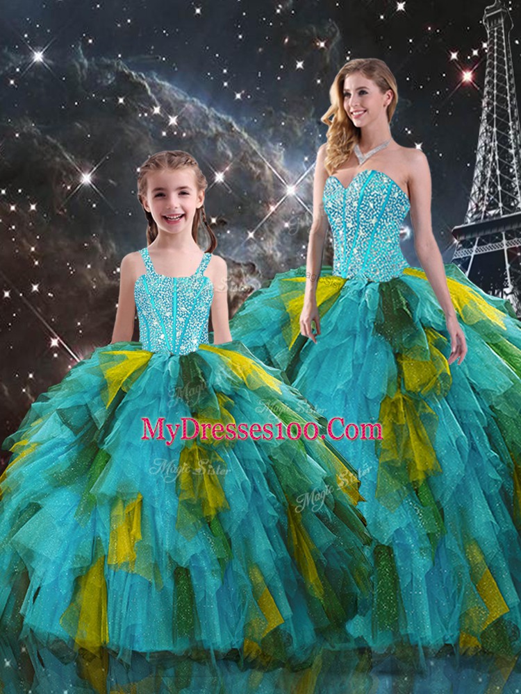 Noble Beading and Ruffles Sweet 16 Quinceanera Dress Multi-color Lace Up Sleeveless Floor Length
