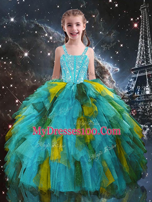 Noble Beading and Ruffles Sweet 16 Quinceanera Dress Multi-color Lace Up Sleeveless Floor Length