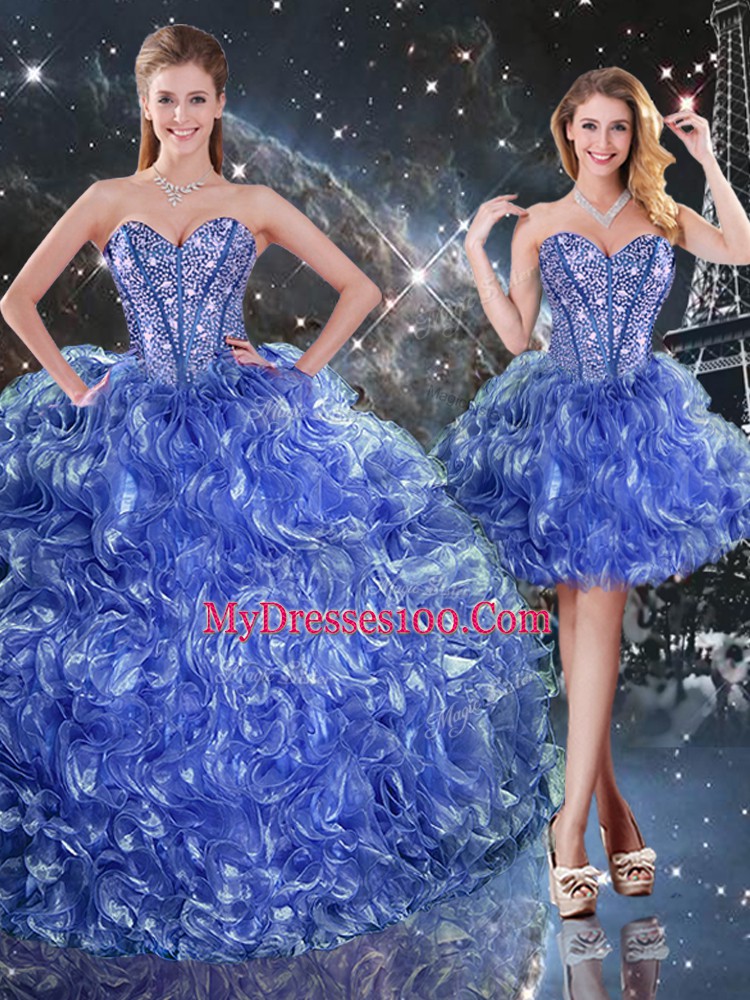 Blue Three Pieces Beading and Ruffles Quinceanera Dresses Lace Up Organza Sleeveless Floor Length